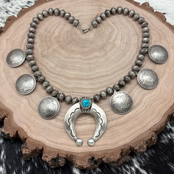 1970s Native American NAVAJO Silver Turquoise Naja Necklace Morgan Dollar Coins - Picture 1 of 8